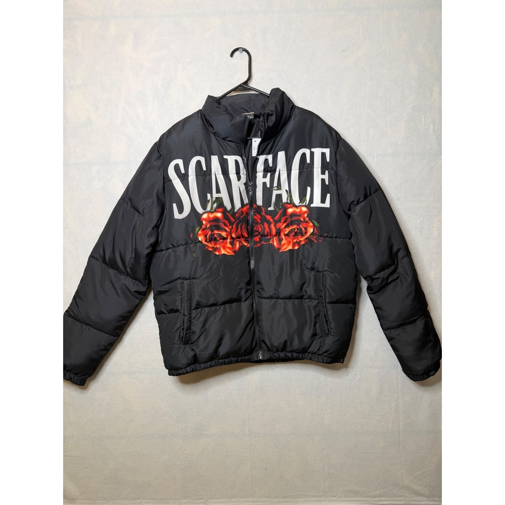 Scarface Puffer‎ Jacket Mens Black Rose Chain Graphic Winter Coat L